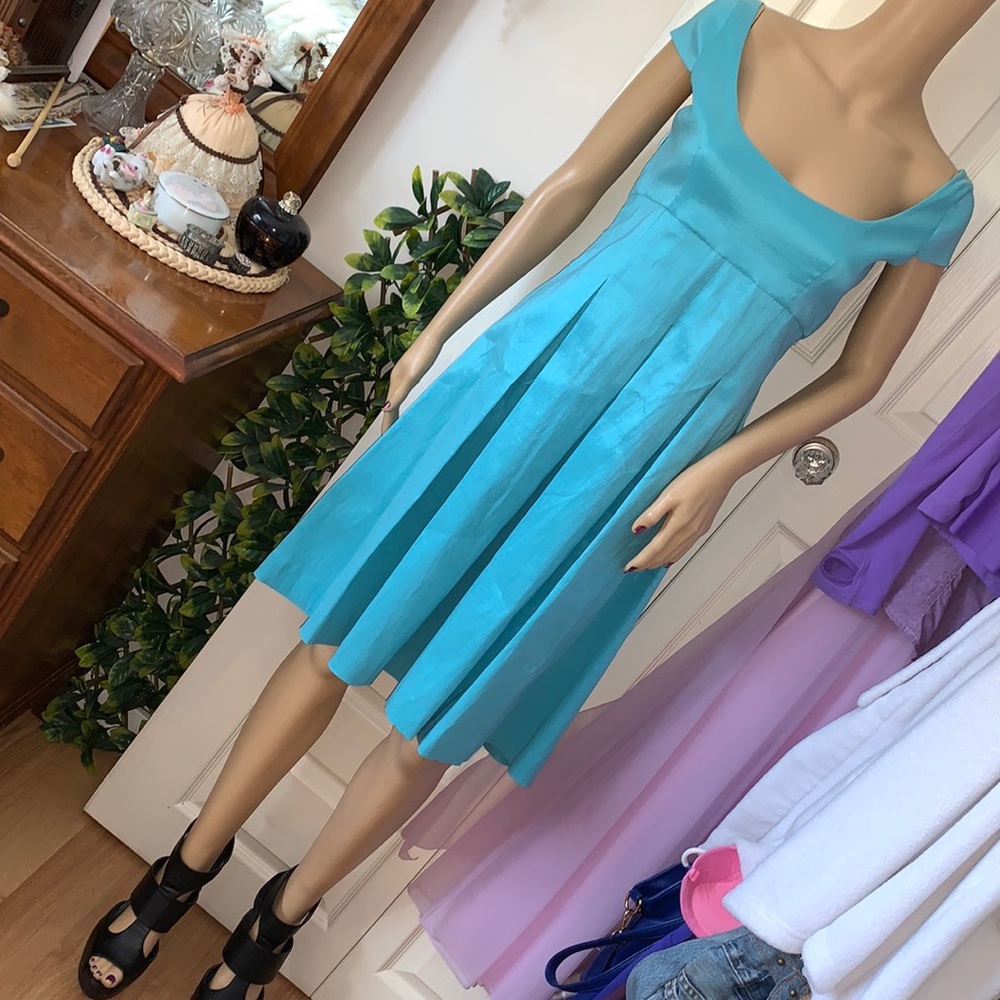 Vintage turquoise scoop square neck cap slv. cocktail dress M
